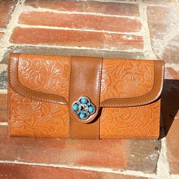 M.C. Handbags - M.C. Floral Tooled Leather Wallet with Turquoise rhinestones & beads